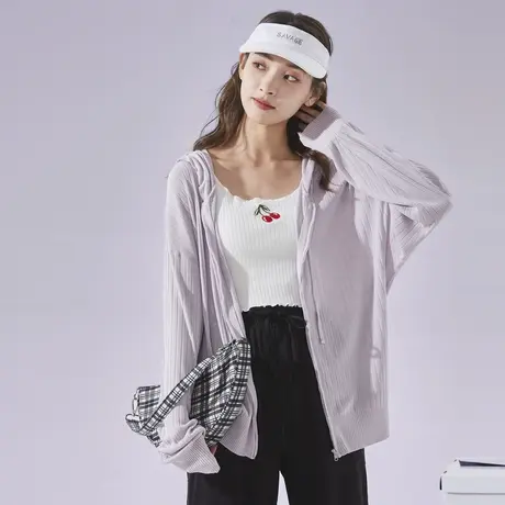 唐狮夏季薄款外套女装白色针织空调衫拉链连帽宽松短款透气上衣潮图片