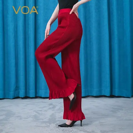 VOA真丝双工艺暗纹提花落霞红牛筋松紧腰风琴褶宽松桑蚕丝长裤女商品大图