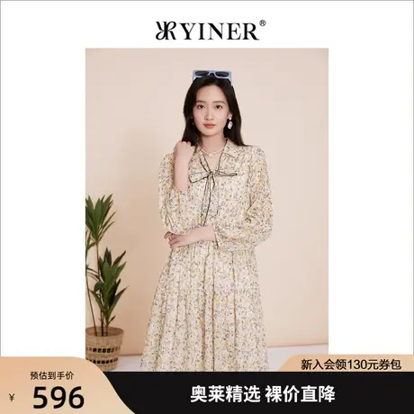 YINER音儿女装2023春季新款蝴蝶结领碎花连衣裙图片