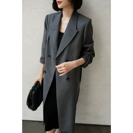 2023秋冬新款女装复古高级感时尚精纺羊毛西装领系带女士风衣外套图片