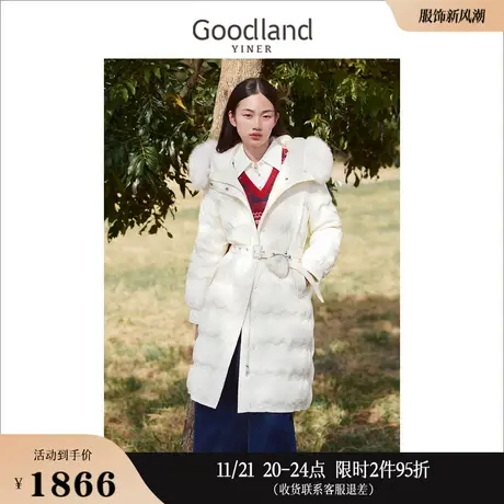 Goodland美地女装2023冬季复合面料狐狸毛领长款刺绣羽绒服商品大图