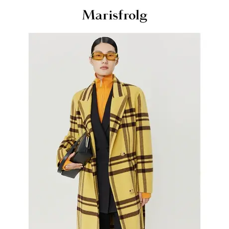 【商场同款】玛丝菲尔秋季新款英伦风撞色格纹长款羊毛呢子大衣商品大图