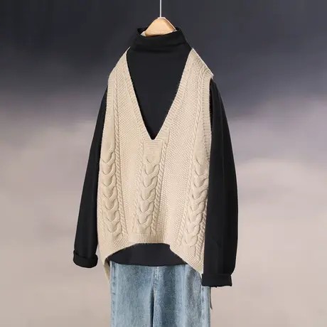 23006新款韩版宽松纯色无袖针织衫背心女毛衣麻花马甲上衣打底图片