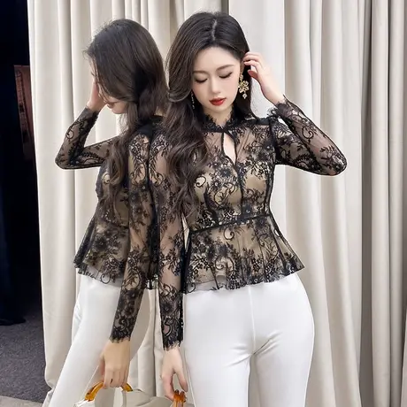 性感镂空小心机长袖蕾丝打底衫2025新款高级气质女神范荷叶边上衣商品大图