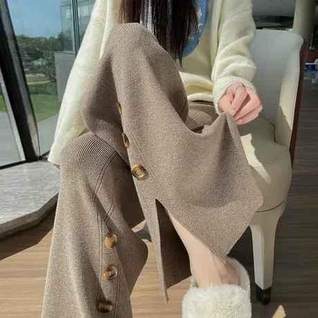 纽扣开叉针织阔腿裤女春秋季新款加厚高腰直筒拖地宽松休闲微喇裤图片