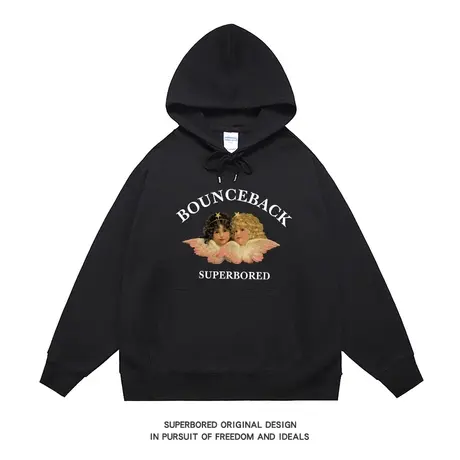 美式复古天使印花卫衣男连帽秋冬款宽松套头上衣休闲帽衫图片