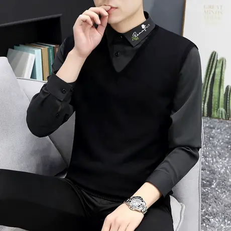 假两件毛衣男士秋季帅气刺绣衬衫领打底衫潮流韩版带领针织衫上衣商品大图