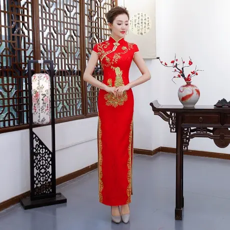 礼仪服装迎宾外嫁女回娘家红色蕾丝大码敬酒修身走秀旗袍长款旗袍图片