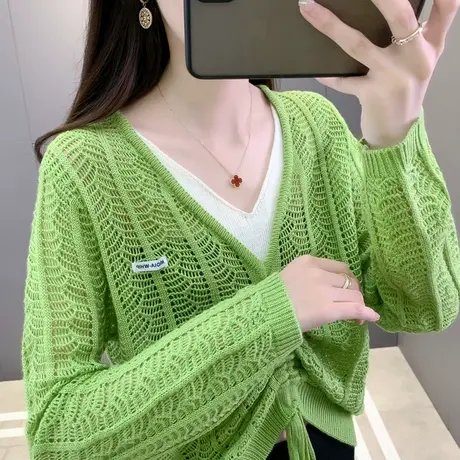 V领上衣抽绳系带假两件镂空针织衫2025年春秋新款韩版时尚打底衫图片
