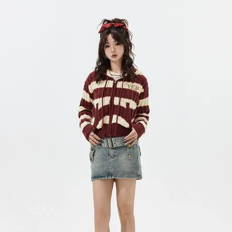YEP美式辣妹风短款条纹毛衣女春秋2024新款复古紧身针织开衫外套商品大图
