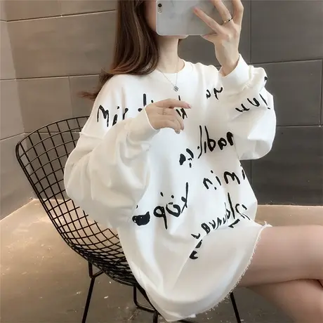 中长款字母印花卫衣女2023年秋冬季新款女装宽松百搭外套慵懒上衣图片