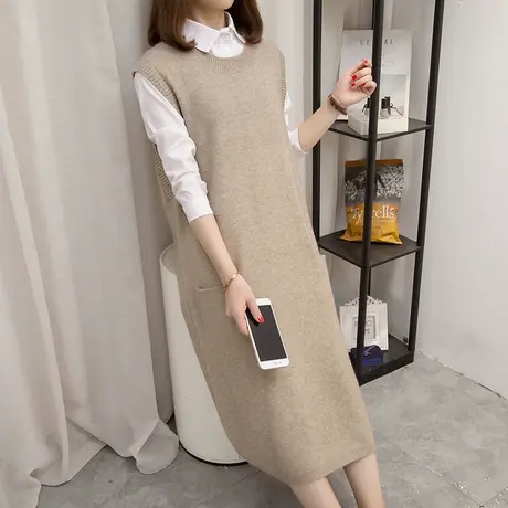 长款过膝毛衣女背心裙2023秋冬新款宽松外搭马夹圆领针织马甲背心商品大图