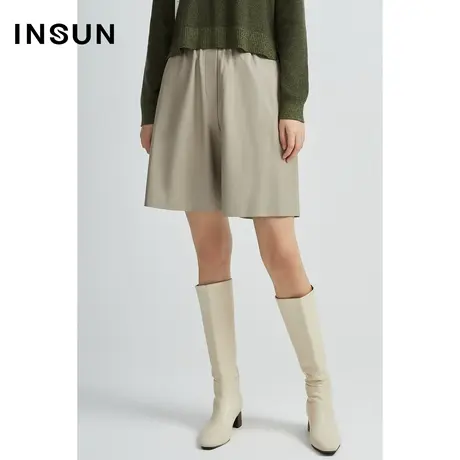 INSUN恩裳冬季短裤纯色直筒皮裤图片