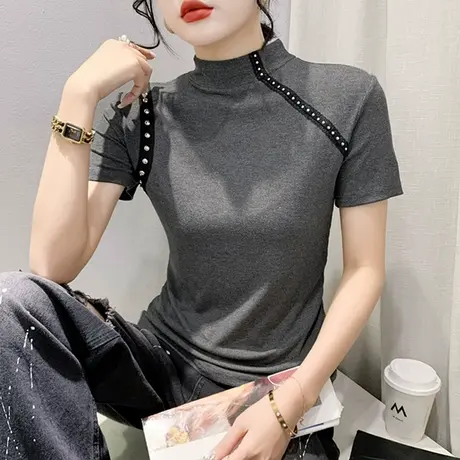 欧货铆钉T恤女短袖2024夏装新款时尚网红修身上衣百搭气质小衫ins商品大图