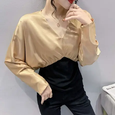 性感V领气质衬衫女长袖设计感拼色蝙蝠袖上衣显瘦遮肚打底衫春秋图片