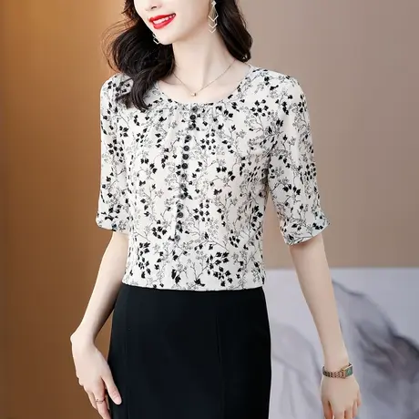 圆领雪纺衫女短袖夏装2023年新款时尚衬衫女夏洋气质t恤时髦上衣图片