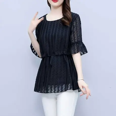 大码短袖雪纺衫女夏季2023年新款洋气宽松收腰时时髦小衫胖MM遮肚商品大图