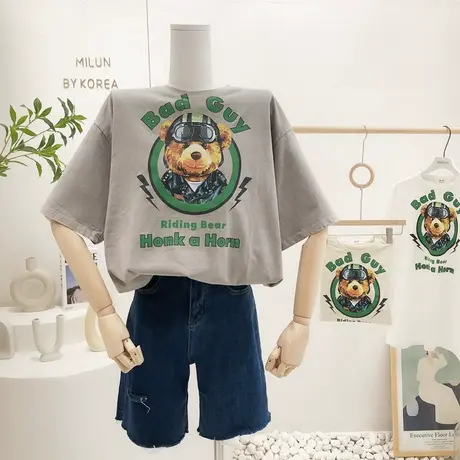 韩国东大门上衣2022夏装新款复古美式字母卡通宽松短袖T恤大码女商品大图