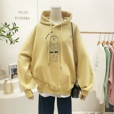 2022早春新款韩国东大门学院小熊连帽卫衣宽松帽衫大码闺蜜姐妹装图片