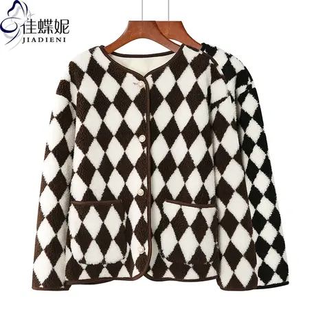 冬季新款韩版圆领纽扣开衫拼色宽松加绒长袖上衣女外搭毛呢外套商品大图