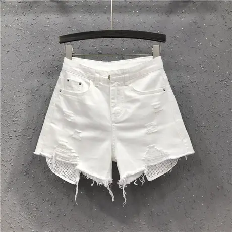 欧洲站牛仔短裤女春夏新款时尚破洞个性亮片高腰显瘦宽松阔腿热裤商品大图
