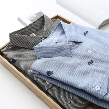 春装韩版宽松百搭刺绣条纹长袖衬衫女学生设计感小众蓝色叠穿上衣商品大图