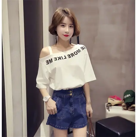 2024新款夏装韩版原宿风bf字母短袖T恤女宽松套头半袖露肩上衣潮商品大图