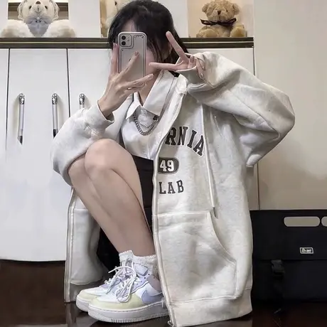 连帽卫衣女2023新款秋冬季小个子上衣宽松慵懒风加绒加厚开衫外套商品大图