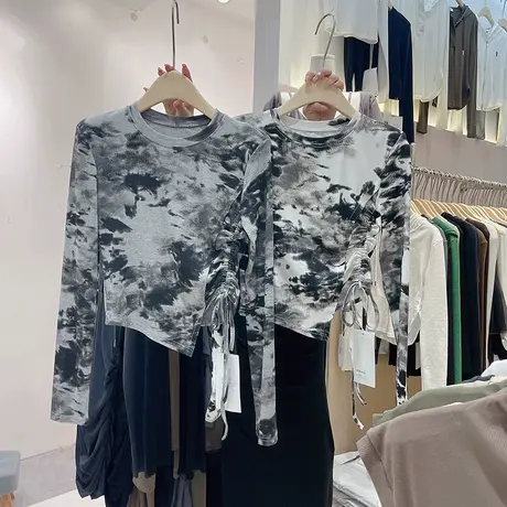 韩国东大门2023春季新款水墨画开叉不规则抽绳圆领长袖T恤上衣女商品大图