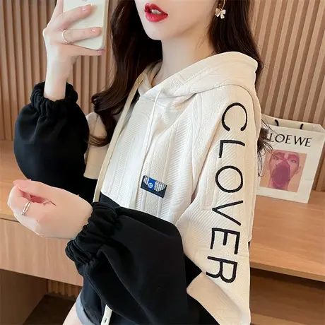 早秋连帽卫衣女2023新款春秋季韩版宽松大码慵懒风小个子撞色外套图片