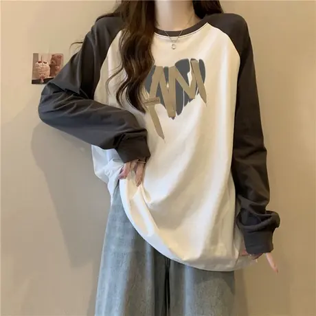 ins潮牌美式高街外穿打底衫女秋冬德绒上衣服加绒加厚插肩长袖T恤商品大图