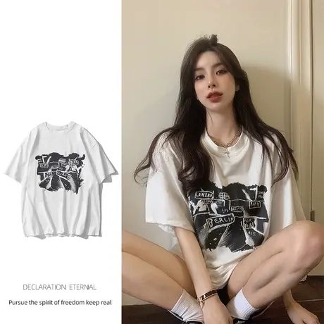 vintage嘻哈复古t恤夏潮ins胖mm大码上衣显瘦洋气bf风国潮短袖女商品大图