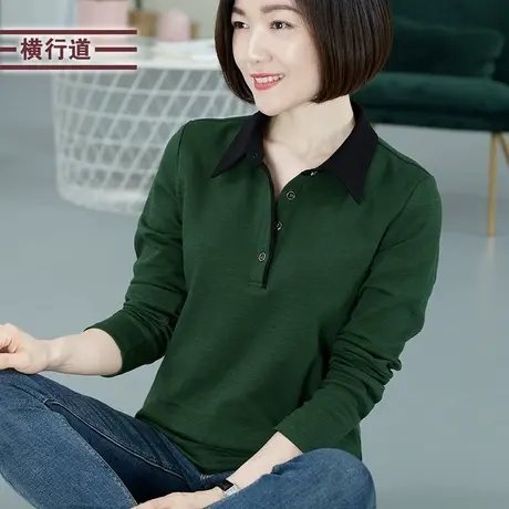 春季妈妈中年纯棉女士宽松2025新款翻领竹节棉长袖t恤女装打底衫商品大图