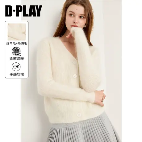 DPLAY冬装温柔风V领长袖单排扣米白色宽松针织开衫商品大图