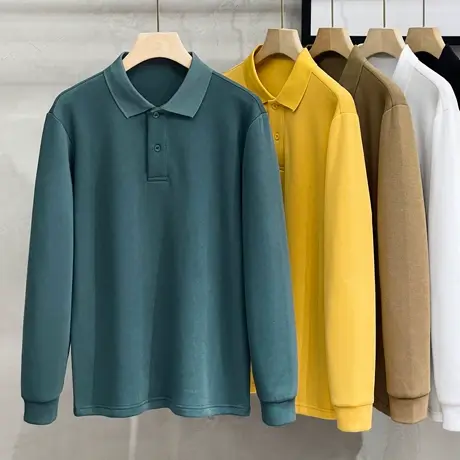 350G重磅长袖T恤男翻领休闲上衣2023春秋新款男士纯色polo衫男装商品大图