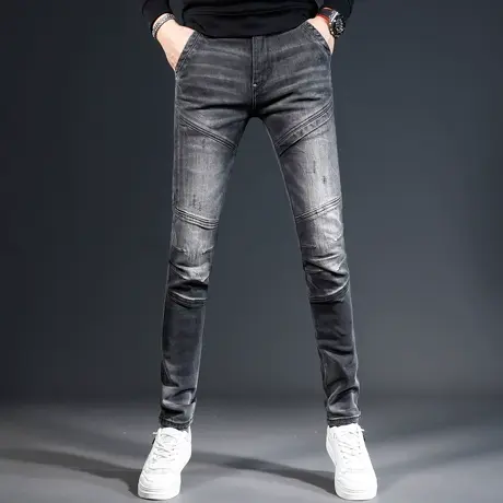高街牛仔裤男2023秋冬新款灰色拼接修身小脚男士机车裤子潮流百搭商品大图