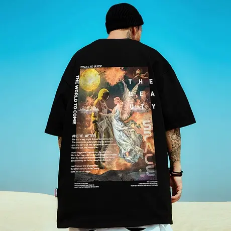 潮牌短袖T恤宇航员宽松情侣装胖子加肥加大纯棉夏季潮流大码男装商品大图