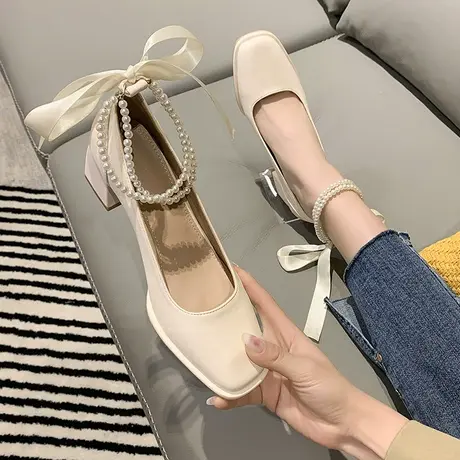 白色绑带高跟鞋女2024年春季新款珍珠一字带粗跟女鞋法式仙女单鞋图片