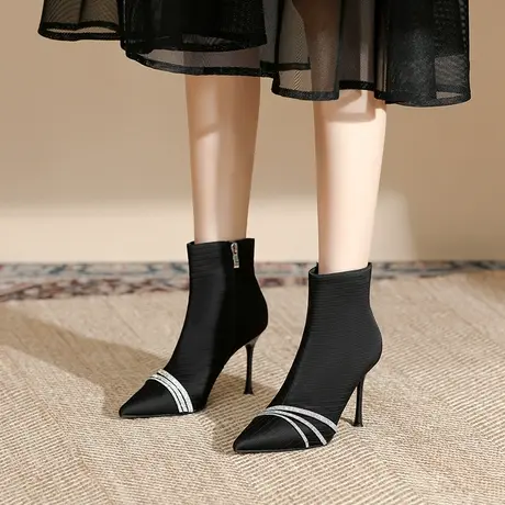 水钻高跟短靴女2024秋冬新款网红百搭瘦瘦靴性感尖头百搭时装靴子图片