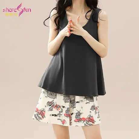 sharefun/霞黛芳纯棉亲肤背心短裤家居服女可外穿宽松睡衣套装图片