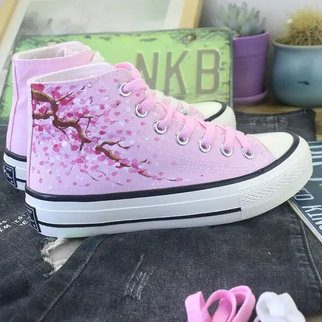 爆改鸳鸯鞋樱花联名百搭手绘鞋春夏新款女鞋高帮帆布鞋运动鞋板鞋商品大图