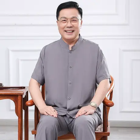 老年人男士棉绸睡衣开衫款夏季薄款中老年短袖家居服人造棉两套装图片