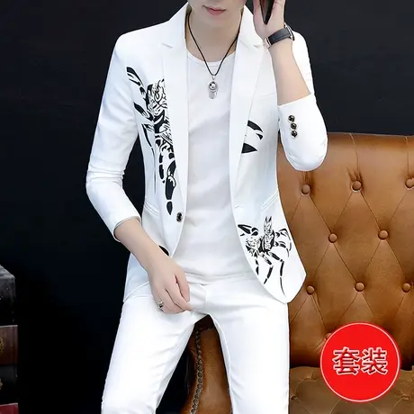潮牌痞帅气西装外套男秋季个性韩版印花修身小西服搭配裤子一套装商品大图