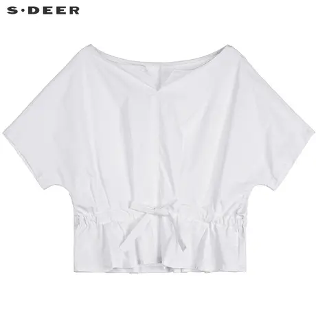 sdeer圣迪奥2019夏装新款休闲抽绳收腰细褶蝙蝠袖白衬衫S19280402图片
