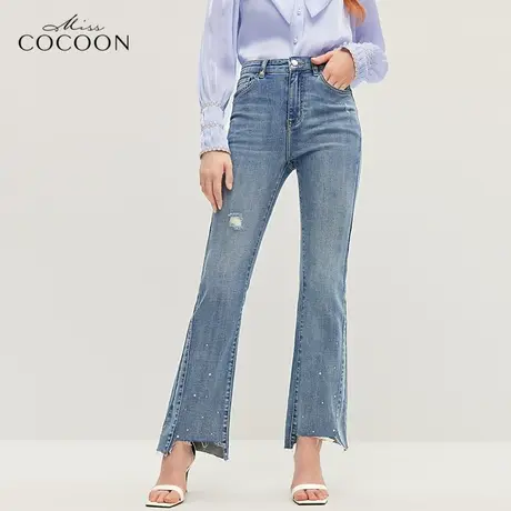 missCOCOON毛边做旧牛仔裤女2023新款春季时尚显瘦高腰百搭微喇裤图片