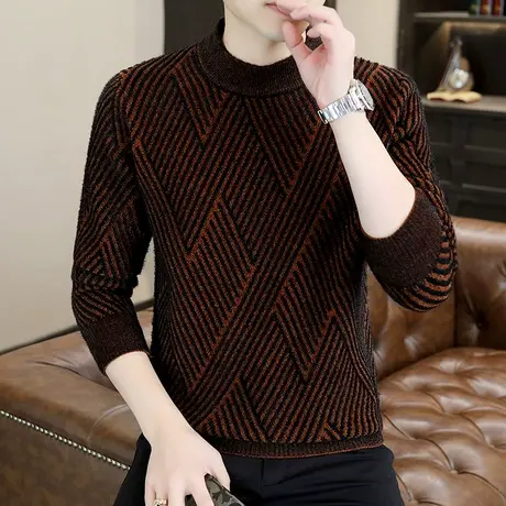 休闲简约百搭高级感男装秋冬季套头针织衫半高领内搭冬装条纹毛衣图片