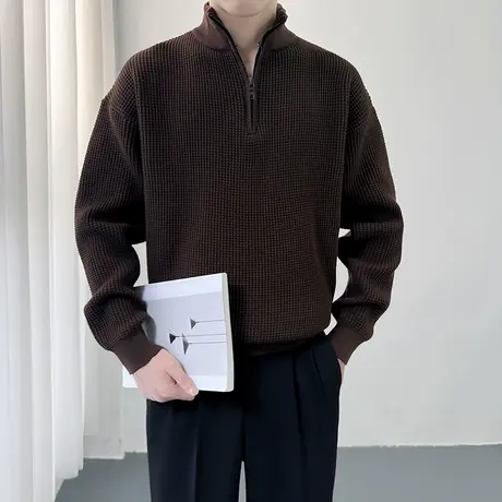 华夫格立领半拉链轻熟毛衣男小众高级感秋冬纯色线衣针织衫POLO衫商品大图