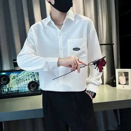 高级感长袖衬衫男2023秋季新款个性休闲韩版衬衣小众INS上衣痞帅商品大图