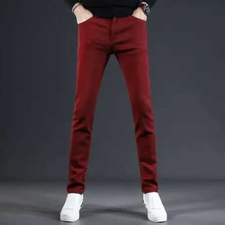 红色潮牌牛仔裤男修身小脚裤潮流弹力秋冬款2023新款男士休闲裤子商品大图