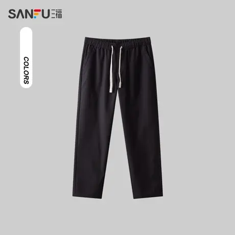 三福2024春季男士净色仿麻休闲裤 简约宽松橡筋腰长裤男481177商品大图